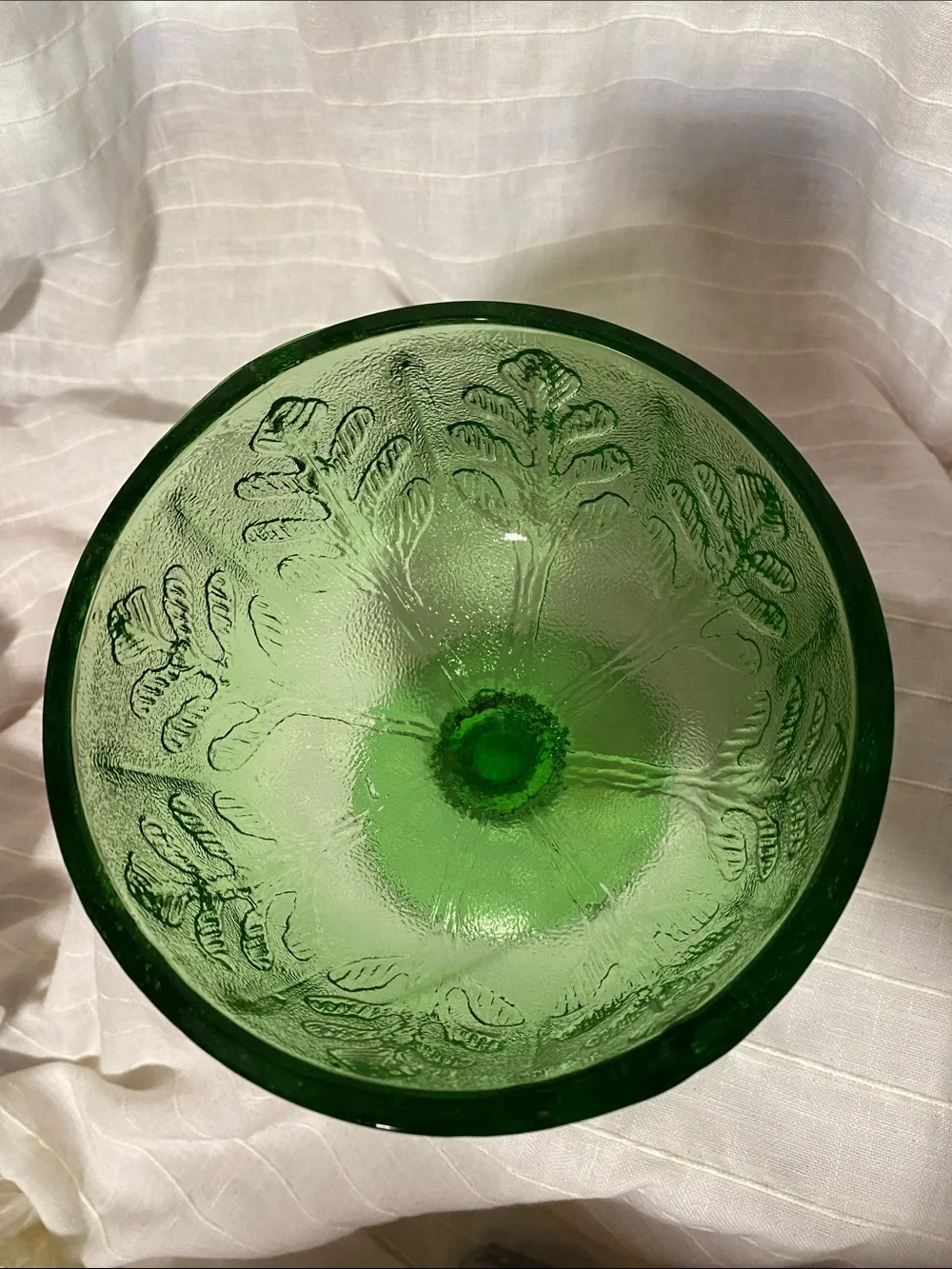 Vintage collectable FTDFloral oak leaf Green Pressed Glass Pedestal Bowl